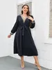 Plus size dames jurk v nek lange mouwen gewaad raast gordel vaste kleur herfst vrouwelijk elegante feestjurk kleding 240410