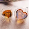 Coeur love forme en verre tasse de café tasse tasse double mur à bois d'alcool au thé de lait de lait verres d'eau à la chaleur.