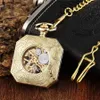 Luxury Gold Polygon Design Mechanical Pocket Watch With Fob Chain Skeleton Steampunk Hand Vind Mens med 240327