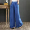 Новая винтажная льняная эластичная талия с широкими брюками для ног Женщины длинные брюки лето сплошной цвет повседневные свободные брюки