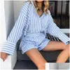 Kvinnor Tracksuits Spring Summer Long Sleeved Single Breasted Shirt Suit Casual Beach Shorts Outfits Enkel randig tryckt 2 -stycken DRO DHSP1