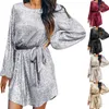 Casual Dresses Sequin For Women Long Sleeve Crewneck Sparkly Glitter Mini Dress Elegant Loose Fit Wedding Cocktail Party