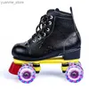 Inline Roller Skates Factory Sale Directly Black Lether Roller Skates Double Row Durable PU Flash 4-Wheel Adult Kids Man Woman Outdoor Shoes 36-45 Y240410