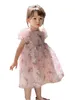 Sweet Kids Sweet Floral Stamping Chiffon Dresses Girls Wasleve Princess Abito 2024 Abbigliamento per feste di compleanno per bambini estivi Z7620