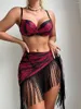 Kvinnors badkläder 3 stycken Sexig tryck Push Up Bikini Swimsuit Tassel Beach Shirt Women 2024 Bathers Bathing Swimming Suit Female