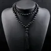 Boeddhistische mala kralen kettingen voor vrouwen mannen 6 8mm zwarte lava rotssteen lange tassel ketting handgemaakte vintage etnische sieraden