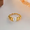 Bagues de mariage Minar 2024 Imitation d'arrivée perle à rayures large pour les femmes 18 km bandes en acier inoxydable en or
