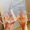 Korean Ins Girl Heart Kawaii Bubble Star Sky Cup Star Sequin Double Wall Glass Coffee Cup Handle Heat Resistant Milk Cup