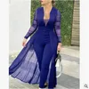 Plus size Winter Fashion Solid Jumpsuit Women Sexy Deep Vneck lange mouwen hoge taille TAKKE fitting broek Elegant 240410