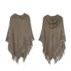 Women Winter Knitted Hooded Poncho Cape Solid Color Crochet Fringed Tassel Shawl Wrap Oversized Pullover Cloak Sweater