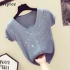 Neploe Rhinestone Knitting Womans Womans Tops Sweter z krótkim rękawem Pullover Women 2024 Summer Sexy Cropped Top T-shirts 240410