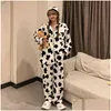 Vêtements de sommeil pour femmes qweek veet vache imprimement pyjama femme hiver chaude deux pièces pyjama pour femme salon wonge uspant des pantalons épaississeur dhqcr