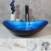 Monite Tempered Glass Basin Sink Faucet Set Washroom Vessel Vanity Bathroom Washbasin Countertop Waterfall Chrome & Black Faucet