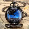 Pocket Watches Star Blue Dial Pingente Bronze Hollow Quartz Pocket Roman Numeral Retro Y240410