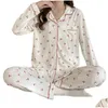 Vêtements de sommeil pour femmes longues à manches à manches longues à manches à manches longues pyjama d'hiver à poitrine de dessin confortable avec la taille élastique du cou en V