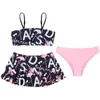 3pcs infantil garotas letra tankini tankini maiô de roupas de banho ajustável tiras de nadar no topo de biquíni com saia de saia de babados de traje de natação