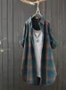 Plus -Größe Baumwollwäsche mittelgroße lange Plaid Frauen Herbsthemd Vintage lässig weibliche Hemden Mantel Lose Bluse Winterkleidung 240403
