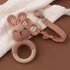 1Set Crochet Bunny Baby Teether Rattle Safe Beech Wooden Teether Ring Pacifier Clip Chain Set Newborn Mobile Gym Educational Toy