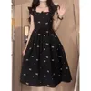 Party Dresses Gaganight Women Gentle French Style Black Exquisite Printed Little Flying Sleeve Dress Female 2024 Summer Retro Long