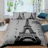 Eiffel Tower Duvet Cover Set Queen Size Gray Vintage Romance Paris France Bedding Set Old Newspaper Style Polyester Quilt Cover