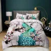 Peacock Duvet Cover Set Elegant Gorgeous Blue Feather Comforter Cover Girls Women Pink Flower Birds Animal Polyester Qulit Cover