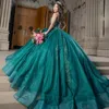 Emerald Green Quinceanera Abiti dalla spalla Appliques perle in pizzo dolce 16 Birthday Party Pageant Vestidos 15 De