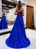 Deep V Neck Royal Blue Evening Dresses 2023 Satin Long Flit anteriore sexy Front Front Slitto Applique APPLICATO CAPPEGGIO FORMALE FORMALE