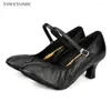 Chaussures de danse Femmes Ballroom moderne en cuir noir en daim extérieur Norme de fond doux pour les filles en 6 cm talon bas
