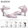 Chaussures de danse Dileechi Arrivée latin rose imprime en cuir salsa fête carrée carrée danse talon haut 7,5 cm