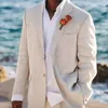 Beige Linen Wedding Suits for Men Beach 2 Pcs Groom Tuxedo Summer American Style Suit Jacket with Pants 240407