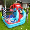 Uppblåsningsbart slott med säkerhetsnät och hinder för barnens fester Portable Bouncer Slide Combo Jumping Jumper Bounce House med Slide inomhus Toys Racing Car -tema