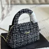 23K Womens Black Tweed Plaid Match Sac à main Sacs d'emploi à main Purse Gold Chain Gold Crossbody épaule Belle tendances Ol Ladies Party Purse 20X12CM