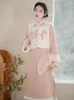 Arbeit Kleider Chinesisch Vintage Cheongsam Set Frauen Stickerei niedliche Weste Plüsch Sweet Pink Qipao Kleid elegante Herbstoutfits