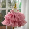 Princess Rosa Flor Girl Dresses Novo faixa fofa Aplicado Ruffles Long Toddler Birthday Party Festa de baile Pérolas Pearls Garoth Girl Girl Vestres de noiva vestidos de concurso de comunhão