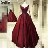 Parti Elbiseleri Mütevazı Bordo Akşam Uzun Kollu Dantel Aplike Arapça Dubai Prom Gowns Sparkly Gelinlik