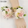 Yo Cho 신부 들러리 손목 Corsage Girl 팔찌 인공 실크 장미 꽃 신랑 BOUTONNIERE 단추 구멍 남자 웨딩 BOUTONNIERE