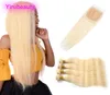 Malaisien Remy Human Hair 613 Blonde Straitement 5 pièces One Set Hair Bundles avec 4 par 4 Fermeture Middle Three Part 613 Color1475039