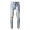 Purple Men's Jeans High Street Blue Broken Hole Denim Pants Distressed Slim Fit Washed Trousers