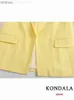 Women's Suits Blazers KONDALA Office Lady Solid Yellow Cotton Linen Women Blazers V Neck Pockets Loose Long Jackets Fashion 2022 Elegant Female Blazer C240410