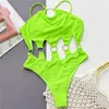 Swimwear femminile kukakey da bagno un pezzo da nuoto sexy donna verde donna senza back -out anello monokini sottrezzature spiaggia indossare costume da nuoto