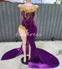 Gorgeous Purple Evening Dresses With Gold Appliques Luxury Black Girls Velvet Prom Dress With Slit Tassel Mermaid Birthday Formal Occasion Dance Party Gowns 2024