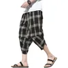 Men's Harem Pants Lightweight Elastic Waist Yoga Pants Striped Grid Wide Leg Baggy Linen Capri Beach Casual Pants Trousers