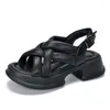 Sandaler 2024 Summer Women Round Toe Chunky Heel Platform Shoes Genunine Leather High Gladiator Handmade