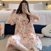 Women's Sleepwear Sweet Princess Style Suit V-Neck Printed Pajamas Thin Cotton Silk Nightgown Short Sleeve Dress Female Home Clothing