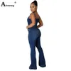 AIMSNUG plus size dames mode jeans demin jumpsuit sexy flare broek donkerblauwe denim bodysuits single -breasted overalls 240410