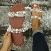 Slippers Sandals Large size flat bottomed slippers for womens 2022 summer new round headed pearl line outerwear casual beach sandals H240410