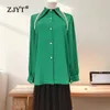 Zjyt Beading Collar Satin Shirts 여성용 봄 스프링 흰색 느슨한 느슨한 블루사 무지르 한국 스타일 캐주얼 사무실 카미사 탑 240326