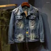 Men's Jackets 2024 Retro Distressed Motorcycle Denim Jacket Men Fashion Polo Collar Stitching Scrape Long Sleeve Nostalgic