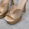 Nuevas sandalias de plataforma de correa de tobillo adornada con cristal dorado tacones de diseño en forma de U dihineston