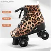 Inline rullskridskor leopard tryck vuxen pu läder 2 linje rullskridskor skor patines glidande inline quad skridskor sneakers träning 4 hjul y240410